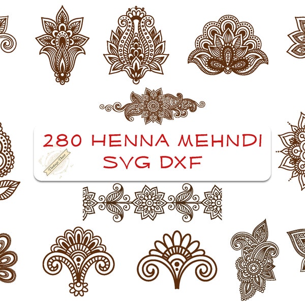 280 SVG DXF Henné Mehndi Tatouage Fleur Mandala Bundle Art Décor Étiquette Laser Découpé Graver Cricut Machine Fichier Seamlsee Bandana