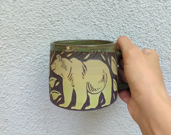 handmade colored bear ceramic coffee mug | ceramic cup | stoneware coffee mug | coffee cup | sgraffito coffee mug | gift | art  | sgraffito