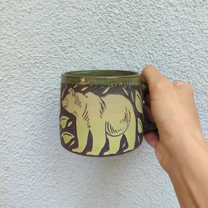 handmade colored bear ceramic coffee mug | ceramic cup | stoneware coffee mug | coffee cup | sgraffito coffee mug | gift | art  | sgraffito