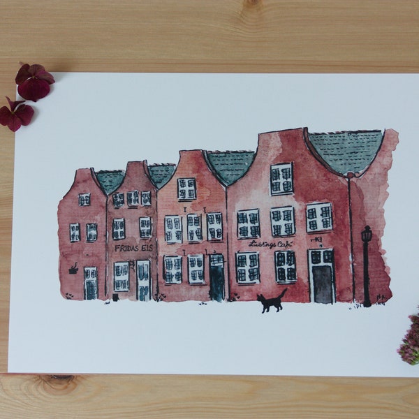 Aquarell- & Tuschebild "Rote Backsteinhäuser - Potsdam" / DIN A4 / Schlafzimmer / Wohnzimmer