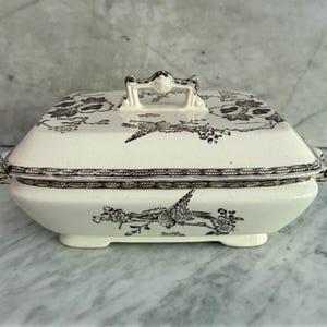 May include: A cream and brown ceramic lidded dish featuring a bird and floral pattern. The rectangular dish has a lid with a handle. The edges are decorated with a detailed pattern. The dish is approximately 20 cm long.