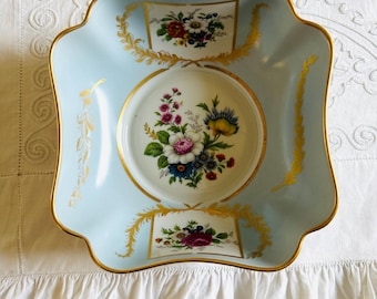 Limoges Porcelain Floral Bowl, Blue Scalloped