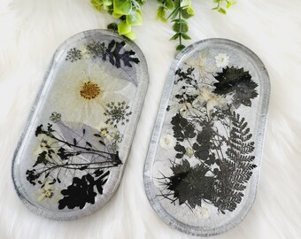 Pressed Floral Black & Silver Trinket Tray -  Black and Silver Aesthetic - Wildflower Foyer Tray