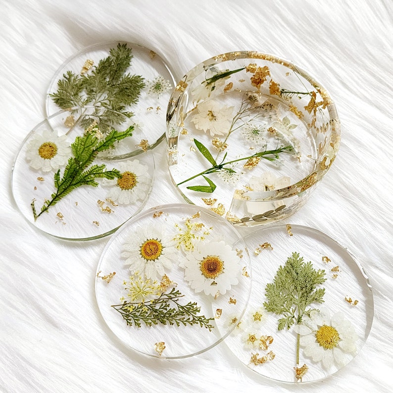 Pressed Floral Round Coasters with Holder Clear Boho Coasters Floral & Gold Leaf Round Coaster Set image 7