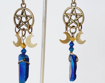 Triple Moon Pentacle Earrings - Triple Moon Goddess Earrings - Witchy Earrings - Blue Iris Quartz Earrings