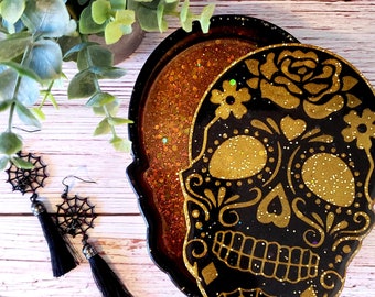 Sugar Skull Jewelry Box - Dia de los Muertos Stashbox - Black & Gold