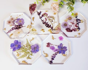 Clear Coasters with Holder - Purple Boho Coasters - Purple & Gold Coaster Set