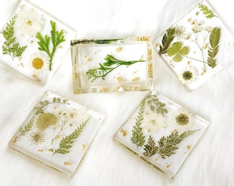Pressed Floral Square Coaster Set with Holder - Coaster with Flowers, Ferns & Gold Leaf  - Boho Coasters