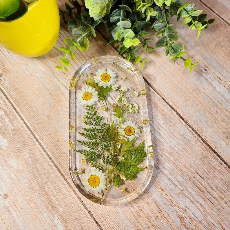 Wildflower Tray Daisy Decor Wild Daisies, Ferns & Greenery Natural Trinket Tray Wildflowers + Gold