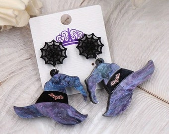 Witch's Hat & Spiderweb Earrings - Spooky Cute Earrings Acrylic Earrings - Purple Witch's Hat Earrings