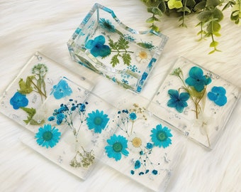 Blue & Silver Real Flower Coaster Set with Coaster Holder - Botanical Coasters