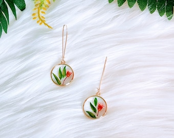 Pressed Flower Drop Earrings | Wildflower Earrings | Red Floral Wire Earrings