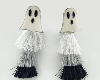 Halloween Ghost Tassel Earrings - White, Black & Gray Tassel Earrings - Cute Halloween Ghost Earrings