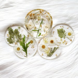 Pressed Floral Round Coasters with Holder - Clear Boho Coasters - Floral & Gold Leaf Round Coaster Set