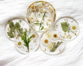 Pressed Floral Round Coasters with Holder - Clear Boho Coasters - Floral & Gold Leaf Round Coaster Set