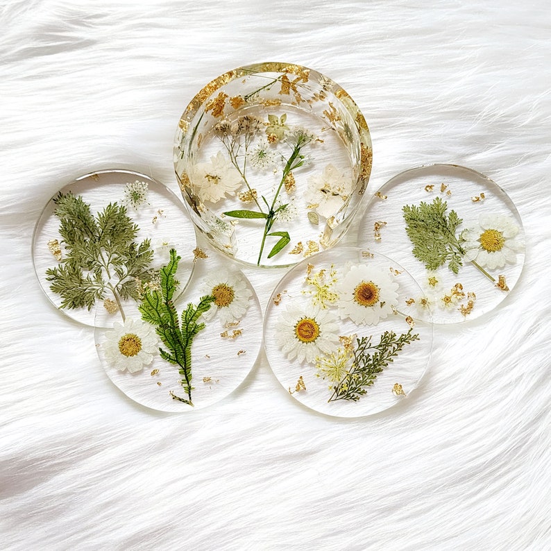 Pressed Floral Round Coasters with Holder Clear Boho Coasters Floral & Gold Leaf Round Coaster Set image 1