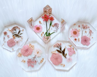 Pink & Gold Coaster Set with Holder - Octagonal Coasters - Pressed Floral Coaster Set