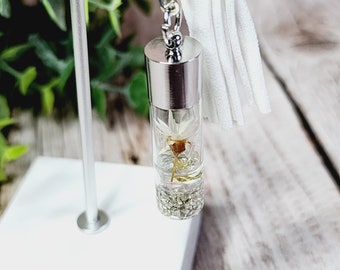 White Flower Keychain - Dried Floral Keychain with Tassel - Floating Bag Charm - Modern Silver Keychain