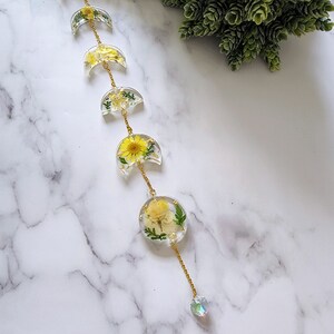 Mini Moon Phase Wall Hanging with Dried Flowers, Foliage & Hanging Crystal Rainbow Maker - Boho Moon Decor