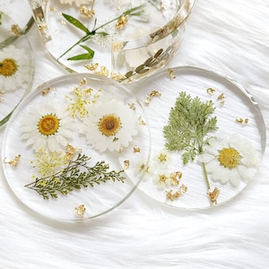 Pressed Floral Round Coasters with Holder Clear Boho Coasters Floral & Gold Leaf Round Coaster Set image 3