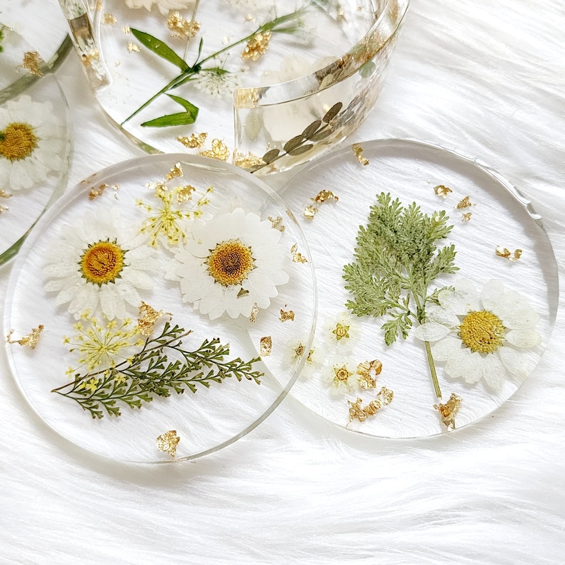 Pressed Floral Round Coasters with Holder Clear Boho Coasters Floral & Gold Leaf Round Coaster Set image 3