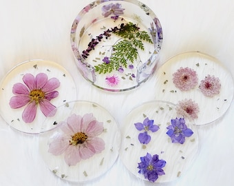 Purple Wild Flower Coasters - Clear Coaster Set with Holder - Botanical Coasters - Round Coaster Set