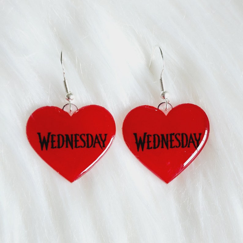 Wednesday Addams Inspired Earrings Wednesday & Enid Window Earrings The Addams Family Stained Glass Earrings Red & Black Hearts