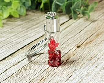 Red Flower Keychain - Dried Floral Keychain with Tassel - Dried Flower Bag Charm - Modern Silver Keychain