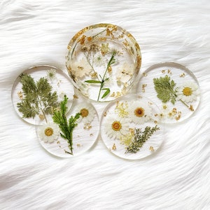 Pressed Floral Round Coasters with Holder Clear Boho Coasters Floral & Gold Leaf Round Coaster Set image 9