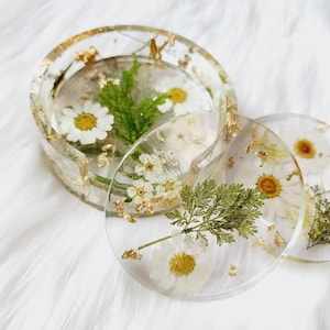Pressed Floral Round Coasters with Holder Clear Boho Coasters Floral & Gold Leaf Round Coaster Set image 4