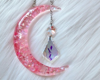 Crescent Moon Wall Hanging - Crescent Moon Crystal Suncatcher - Pink Moon - Pink Moon Art - Hanging Rainbow Maker