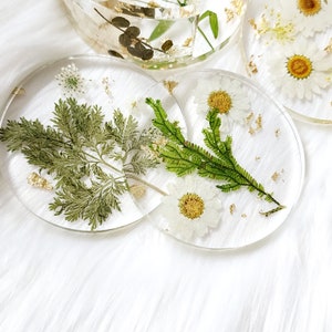Pressed Floral Round Coasters with Holder Clear Boho Coasters Floral & Gold Leaf Round Coaster Set image 2