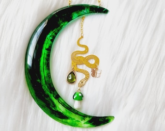 Crescent Moon Wall Hanging - Crescent Moon Suncatcher - Green & Gold Decor