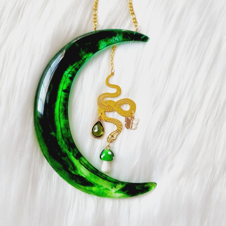 Crescent Moon Wall Hanging Crescent Moon Suncatcher Green & Gold Decor image 1