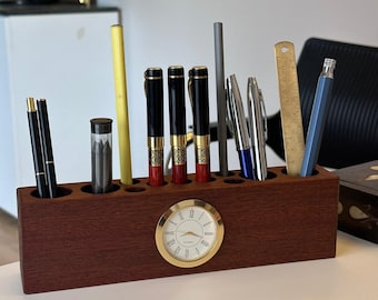 Holz Schreibtisch Organizer; Stifthalter; Mahagoni; Schreibtischuhr; Schreibtisch-Stifthalter; Bürozubehör;