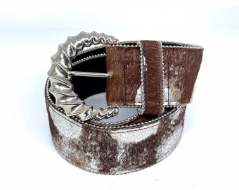 Brown Cow Hair and Silver 2" Leather Belt Size Small SAMPLE