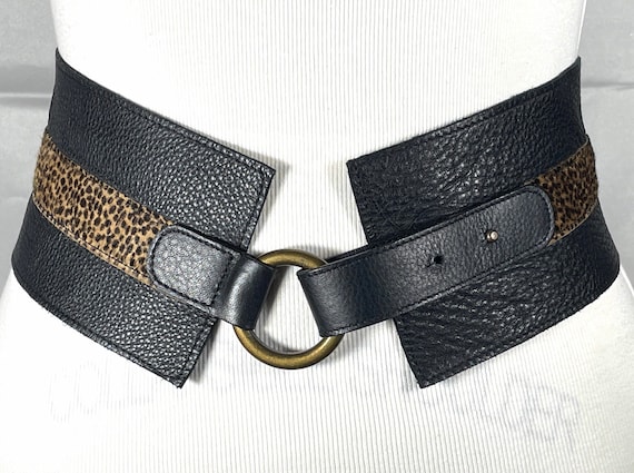 Women's Vintage Wide Black and Cheetah Leather Wa… - image 1