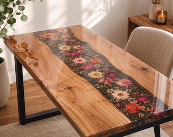 Custom Floral Resin Desk | Wedding Flower Preservation Desk | Handmade Live Edge Wood Table | Memorial Flower Furniture | Epoxy River Desk