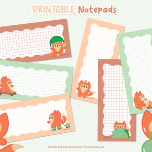 Op de afbeelding: Printbare notitieblokpagina's met een schattig vosje in verschillende poses. De pagina's hebben een rasterpatroon en zijn ontworpen voor het maken van notities en journalen.