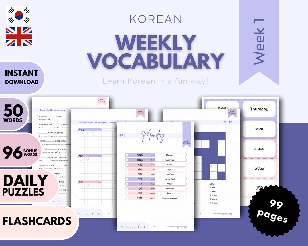 Korean Vocabulary Digital Bundle Korean Word Puzzle Flashcards