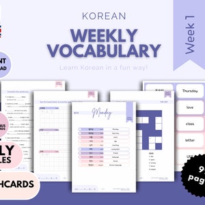 Op de afbeelding: Een kleurrijke digitale download om Koreaans te leren. De omslag heeft een paarse achtergrond met de tekst "Korean Weekly Vocabulary" en "Learn Korean in a fun way!" in wit. De download bevat 50 woorden, 96 bonuswoorden, dagelijkse puzzels en flashcards. De download is 99 pagina's lang.