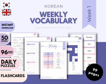 May include: A colorful digital download for learning Korean. The cover features a purple background with the text "Korean Weekly Vocabulary" and "Learn Korean in a fun way!" in white. The download includes 50 words, 96 bonus words, daily puzzles, and flashcards. The download is 99 pages long.