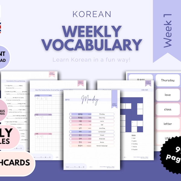 Korean vocabulary Digital bundle korean word puzzle Flashcards worksheet Beginner Educational Games At-Home Study WEEK 1