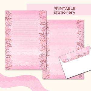 Pink leafs, stationery pink leaves writing paper colorful design penpal letter printable envelope floral design letter writing set diary