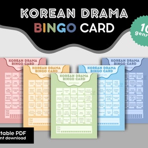 K-Drama Bingo Card Bundle 10 generi Dramma coreano Episodi Tabella del bingo PDF stampabile Download digitale Serie coreana gioco di carte da gioco bingo