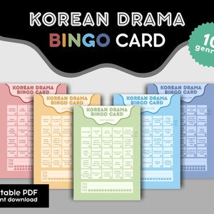 K-Drama Bingo Card Bundle 10 Genres Korean drama Episodes Bingo chart Printable PDF Digital Download Korean series movie game card bingo