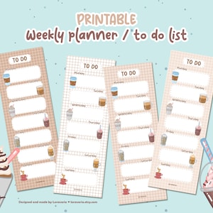 Op de afbeelding: Printbare weekplanner of to-do list met een koffiebekerthema. Elke pagina heeft een rasterpatroon en ruimte om taken voor elke dag van de week op te schrijven. De tekst "PRINTABLE Weekly planner / to do list" staat bovenaan de afbeelding.