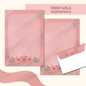 Pink shades flowers, stationery flowers writing paper pink design penpal letter printable envelope flowers design letter writing set journal