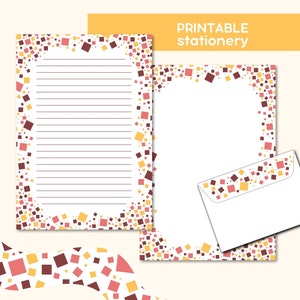 Cuadrados de colores, papelería cuadrados de colores conjunto de papel de escribir diseño de color carta de amigo por correspondencia diseño de sobre imprimible conjunto de escritura de cartas