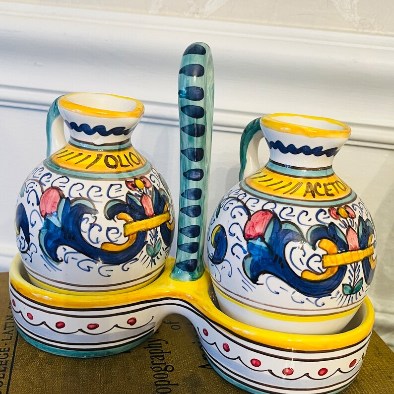 Italian Handpainted Oil and Vinegar Cruets Servingware Deruta Etsy